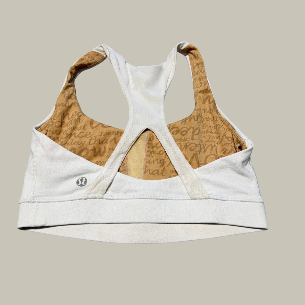Lululemon White Racerback Sports Bra Tan Script Lining Sz 4 Yoga Gym Activewear